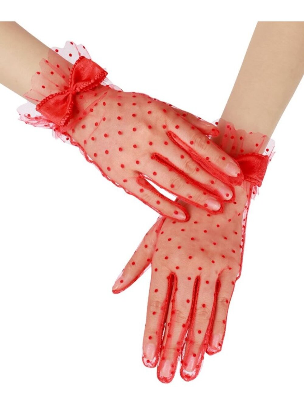 Women's Red 1920s Cocktail Opera Wrist Length Tulle Short Sheer Mesh Gloves
